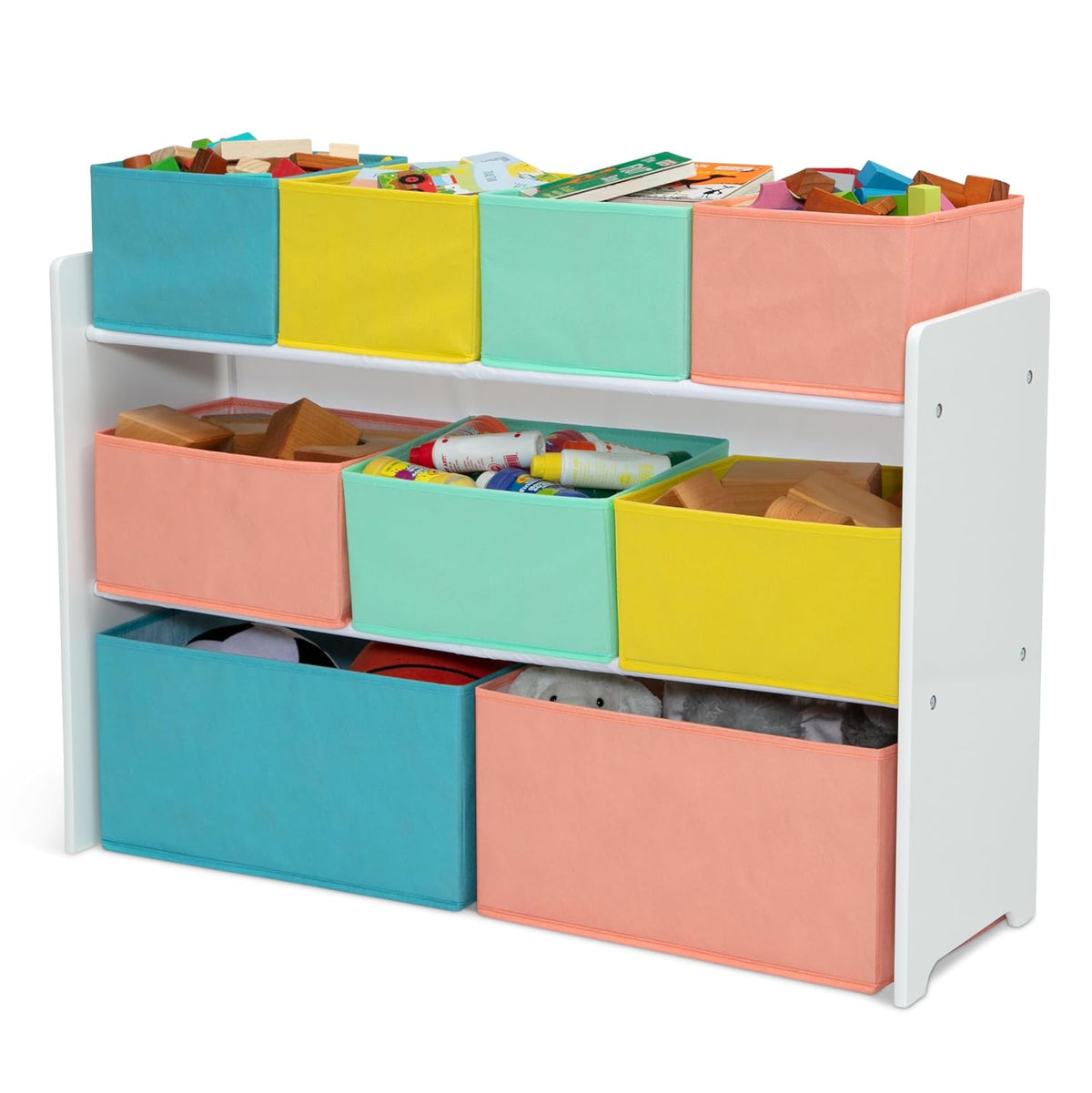 Deluxe Multi-Bin Toy Organizer with Storage Bins - Greenguard Gold Certified, White with Navy/Green/Pastel Bins