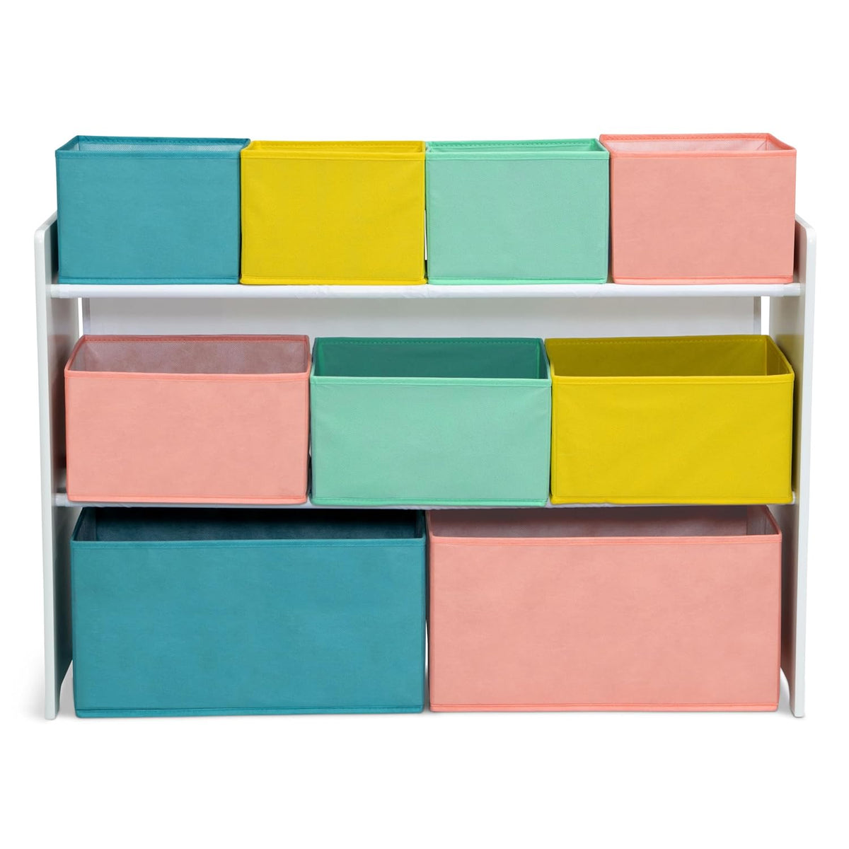 Deluxe Multi-Bin Toy Organizer with Storage Bins - Greenguard Gold Certified, White with Navy/Green/Pastel Bins