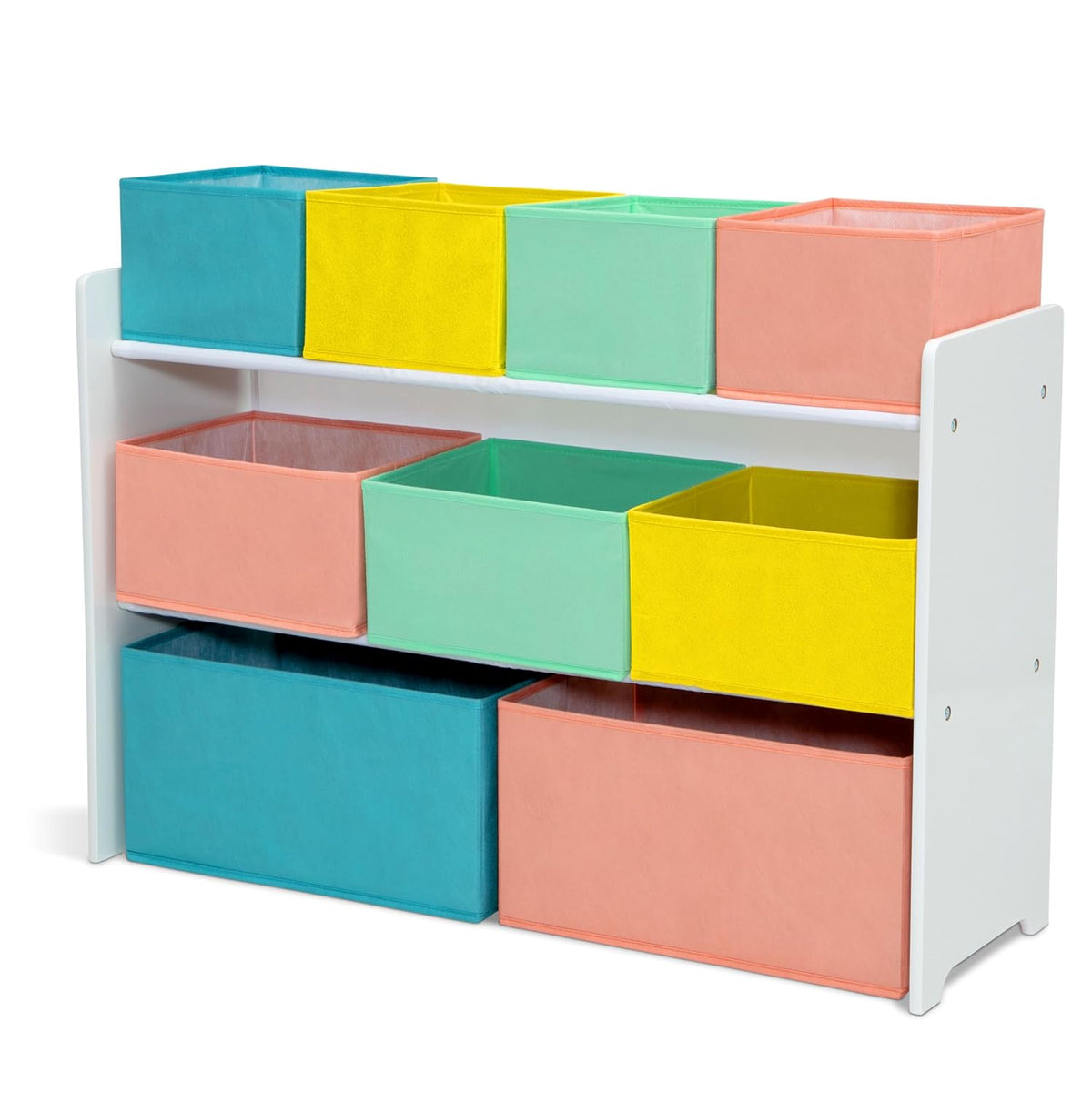 Deluxe Multi-Bin Toy Organizer with Storage Bins - Greenguard Gold Certified, White with Navy/Green/Pastel Bins