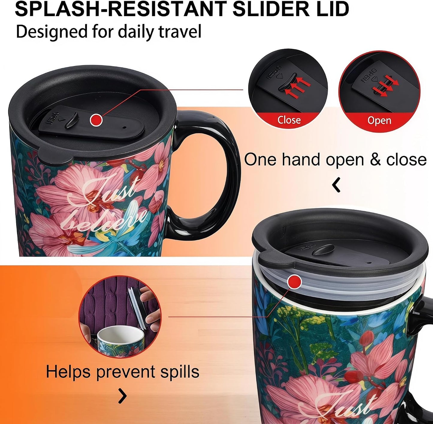 17 oz Ceramic Travel Mug, Microwave & Dishwasher Safe Coffee Cup | Large Capacity Travel Coffee Cup with Lid & Handle for Men Women Home and Office Work