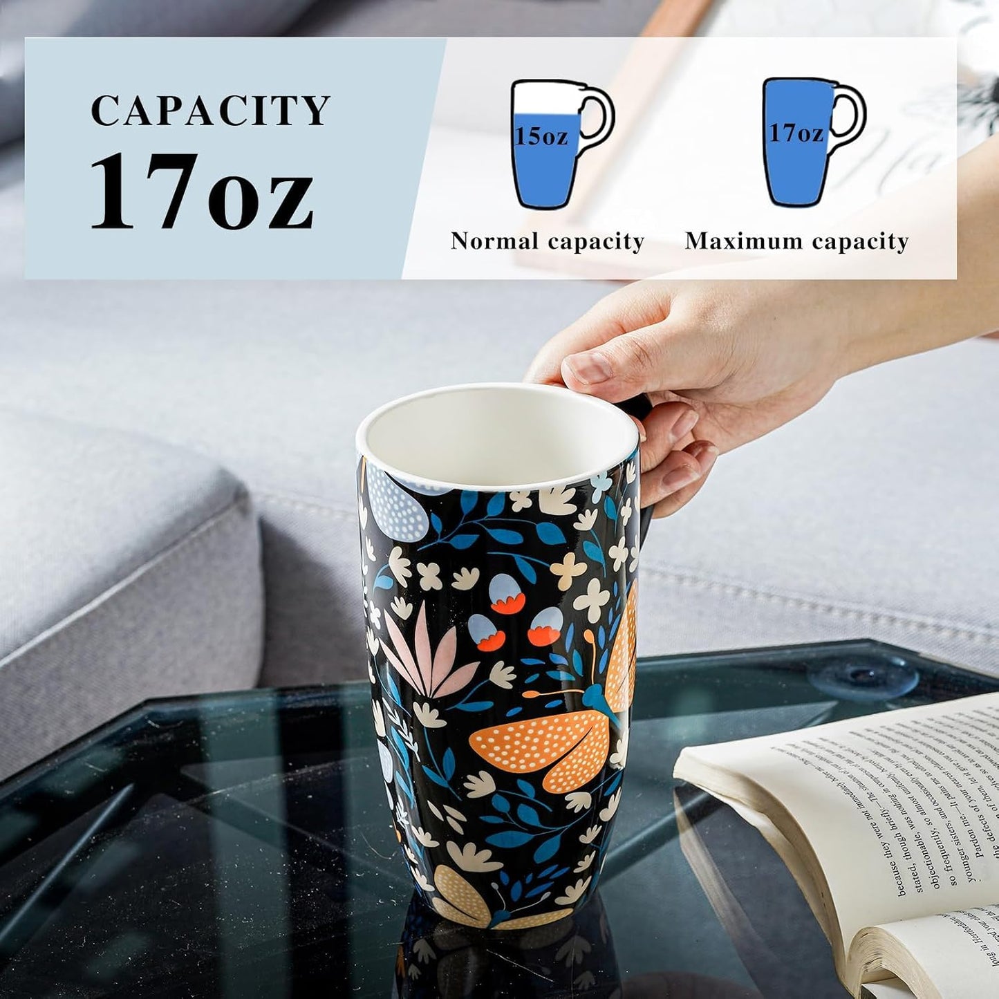 17 oz Ceramic Travel Mug, Microwave & Dishwasher Safe Coffee Cup | Large Capacity Travel Coffee Cup with Lid & Handle for Men Women Home and Office Work