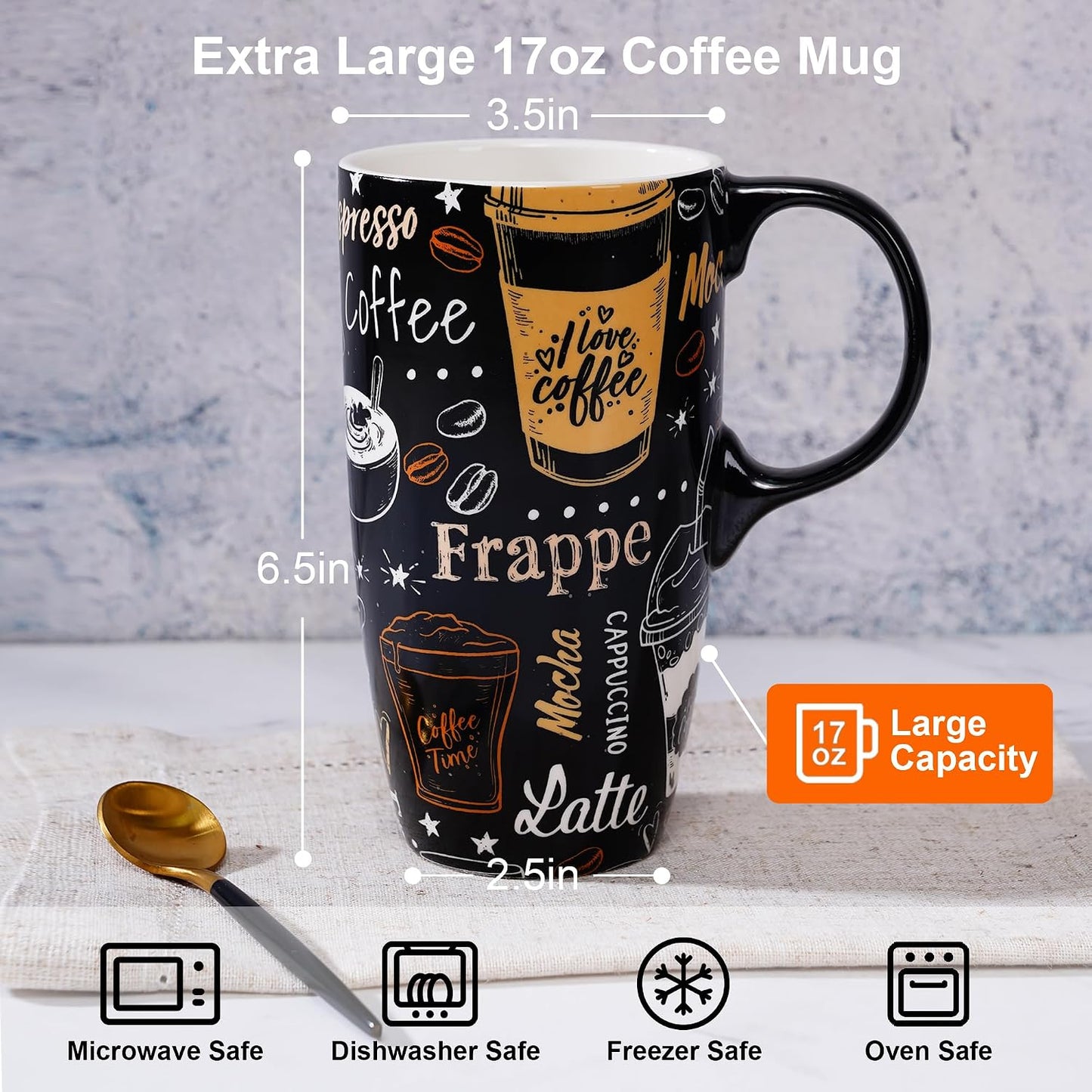 17 oz Ceramic Travel Mug, Microwave & Dishwasher Safe Coffee Cup | Large Capacity Travel Coffee Cup with Lid & Handle for Men Women Home and Office Work