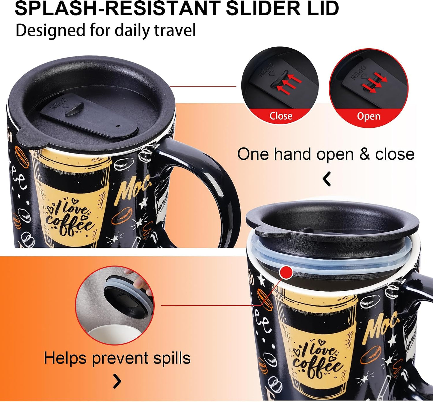 17 oz Ceramic Travel Mug, Microwave & Dishwasher Safe Coffee Cup | Large Capacity Travel Coffee Cup with Lid & Handle for Men Women Home and Office Work