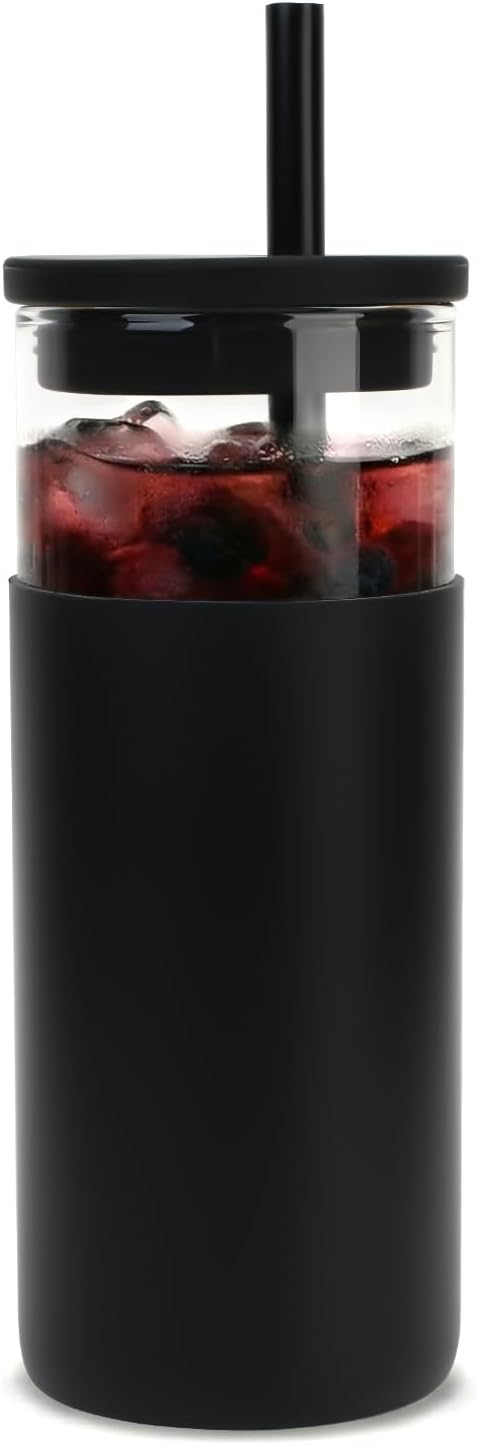 20 oz Glass Tumbler with Lids and Straws, Reusable Iced Coffee Cups with Silicone Lid & Protective Sleeve, Dishwasher Safe, BPA-Free Borosilicate Glass for Coffee, Iced Tea, Water & Smoothies