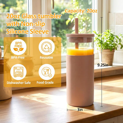 20 oz Glass Tumbler with Lids and Straws, Reusable Iced Coffee Cups with Silicone Lid & Protective Sleeve, Dishwasher Safe, BPA-Free Borosilicate Glass for Coffee, Iced Tea, Water & Smoothies