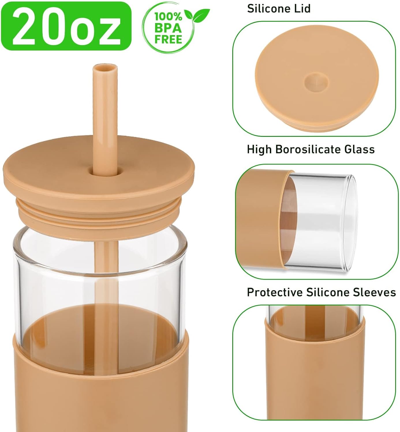 20 oz Glass Tumbler with Lids and Straws, Reusable Iced Coffee Cups with Silicone Lid & Protective Sleeve, Dishwasher Safe, BPA-Free Borosilicate Glass for Coffee, Iced Tea, Water & Smoothies