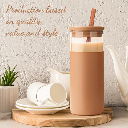 20 oz Glass Tumbler with Lids and Straws, Reusable Iced Coffee Cups with Silicone Lid & Protective Sleeve, Dishwasher Safe, BPA-Free Borosilicate Glass for Coffee, Iced Tea, Water & Smoothies