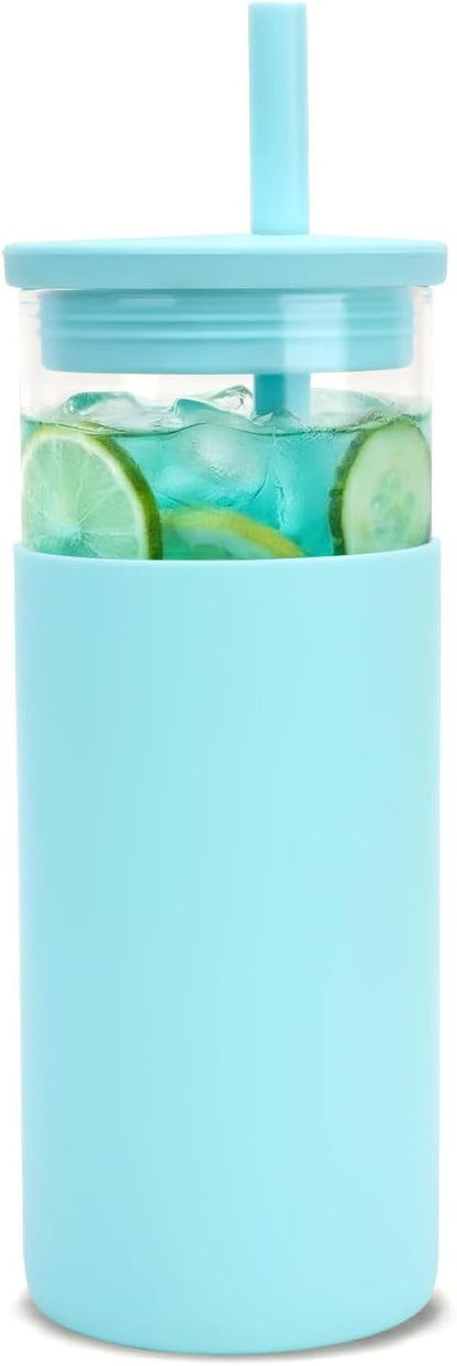 20 oz Glass Tumbler with Lids and Straws, Reusable Iced Coffee Cups with Silicone Lid & Protective Sleeve, Dishwasher Safe, BPA-Free Borosilicate Glass for Coffee, Iced Tea, Water & Smoothies