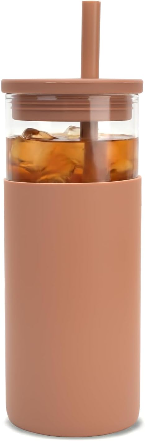 20 oz Glass Tumbler with Lids and Straws, Reusable Iced Coffee Cups with Silicone Lid & Protective Sleeve, Dishwasher Safe, BPA-Free Borosilicate Glass for Coffee, Iced Tea, Water & Smoothies