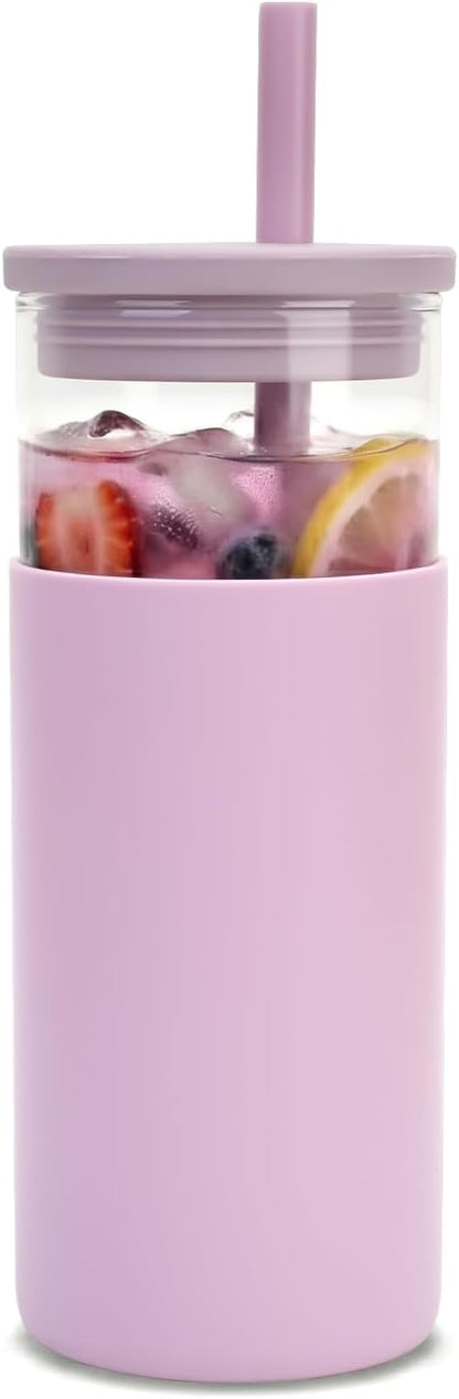 20 oz Glass Tumbler with Lids and Straws, Reusable Iced Coffee Cups with Silicone Lid & Protective Sleeve, Dishwasher Safe, BPA-Free Borosilicate Glass for Coffee, Iced Tea, Water & Smoothies