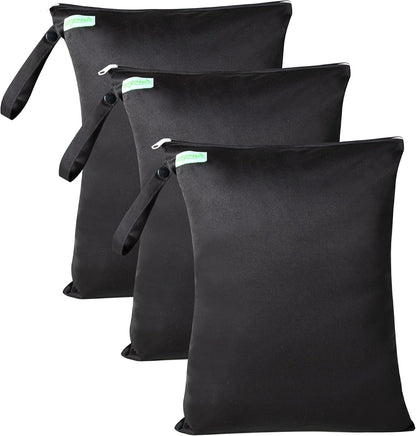 Wet Dry Bag for Baby Swimsuit, Small Wet Dry Bag for Clothes Diaper and Breast Pump Parts, Large Baby bag for Travel,Gym Clothes,Beach,Pool,Extra Clothes (Black,3 Pack)