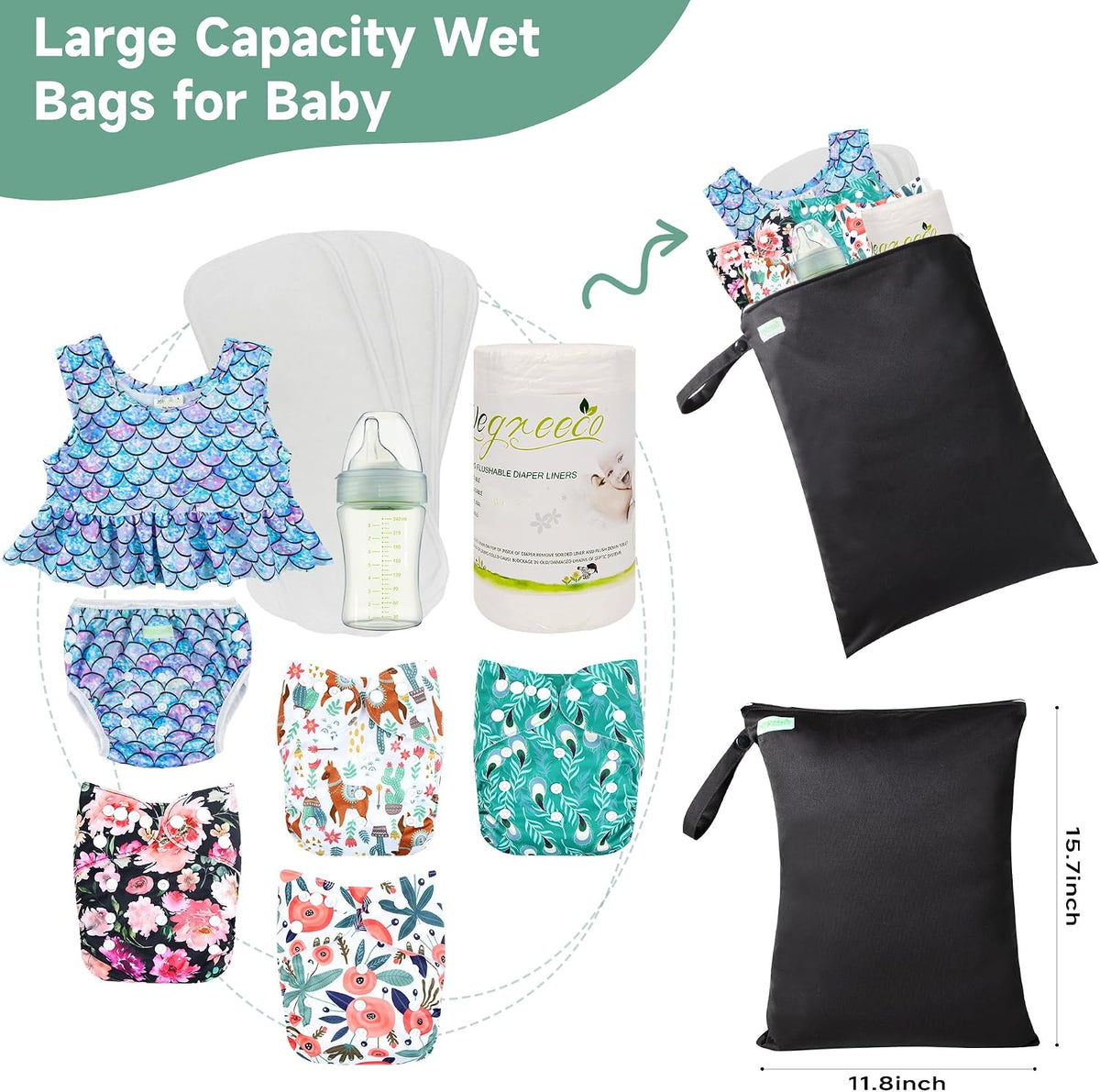 Wet Dry Bag for Baby Swimsuit, Small Wet Dry Bag for Clothes Diaper and Breast Pump Parts, Large Baby bag for Travel,Gym Clothes,Beach,Pool,Extra Clothes (Black,3 Pack)
