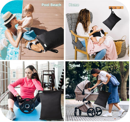 Wet Dry Bag for Baby Swimsuit, Small Wet Dry Bag for Clothes Diaper and Breast Pump Parts, Large Baby bag for Travel,Gym Clothes,Beach,Pool,Extra Clothes (Black,3 Pack)