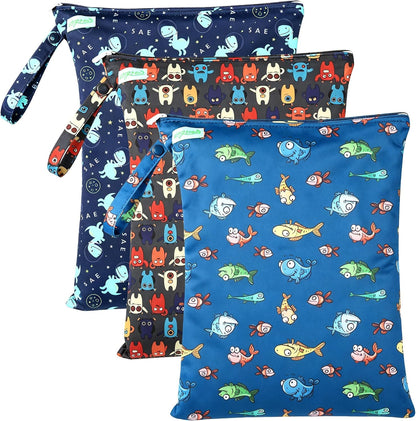 Wet Dry Bag for Baby Swimsuit, Small Wet Dry Bag for Clothes Diaper and Breast Pump Parts, Large Baby bag for Travel,Gym Clothes,Beach,Pool,Extra Clothes (Black,3 Pack)