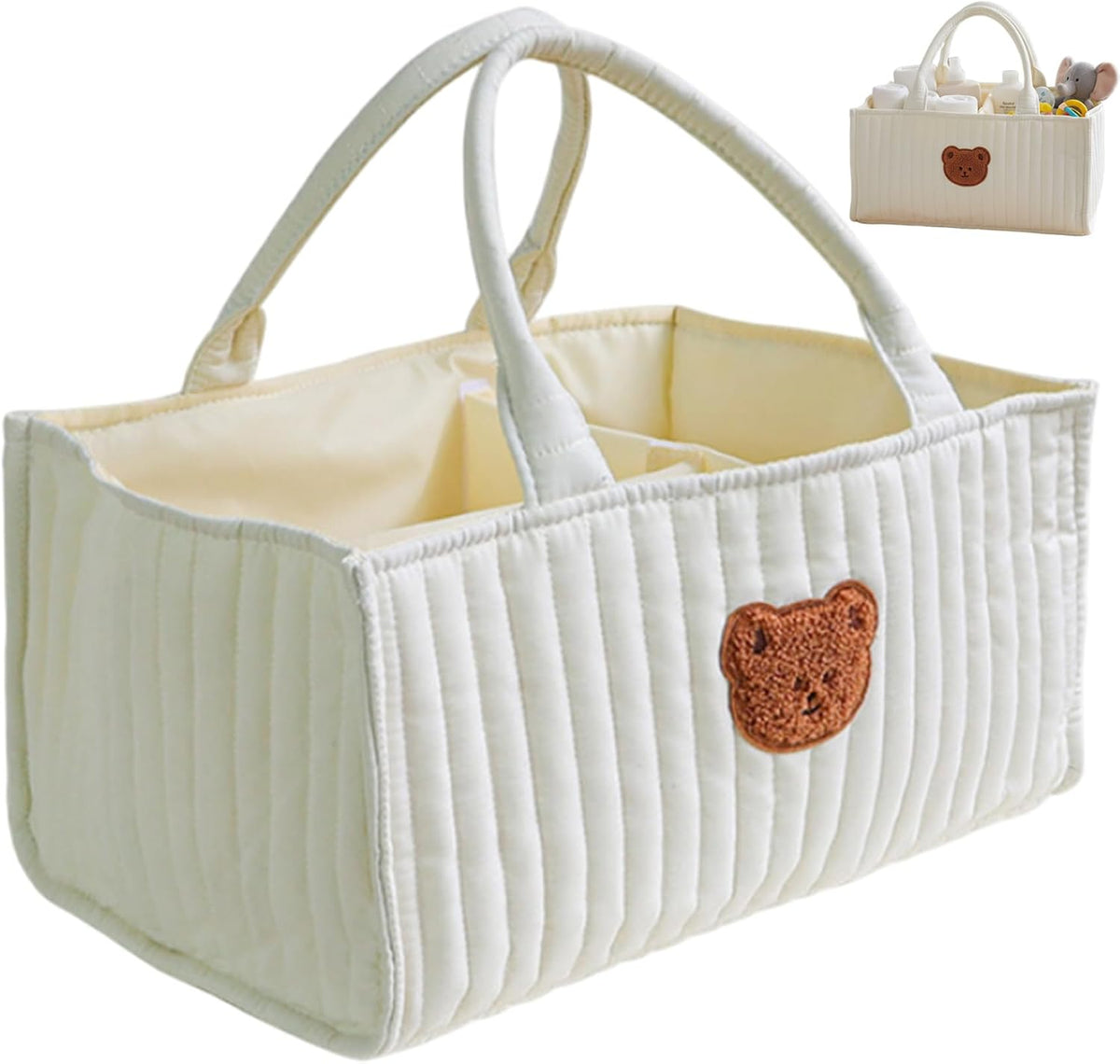 Diaper Caddy, Portable Quilted Basket with Removable Dividers & Handles for Nursery, Nursery Storage Basket for Diapers, Wipes, Toys, Baby Essentials, White, Diaper Bags, Caddy