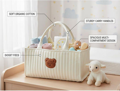 Diaper Caddy, Portable Quilted Basket with Removable Dividers & Handles for Nursery, Nursery Storage Basket for Diapers, Wipes, Toys, Baby Essentials, White, Diaper Bags, Caddy