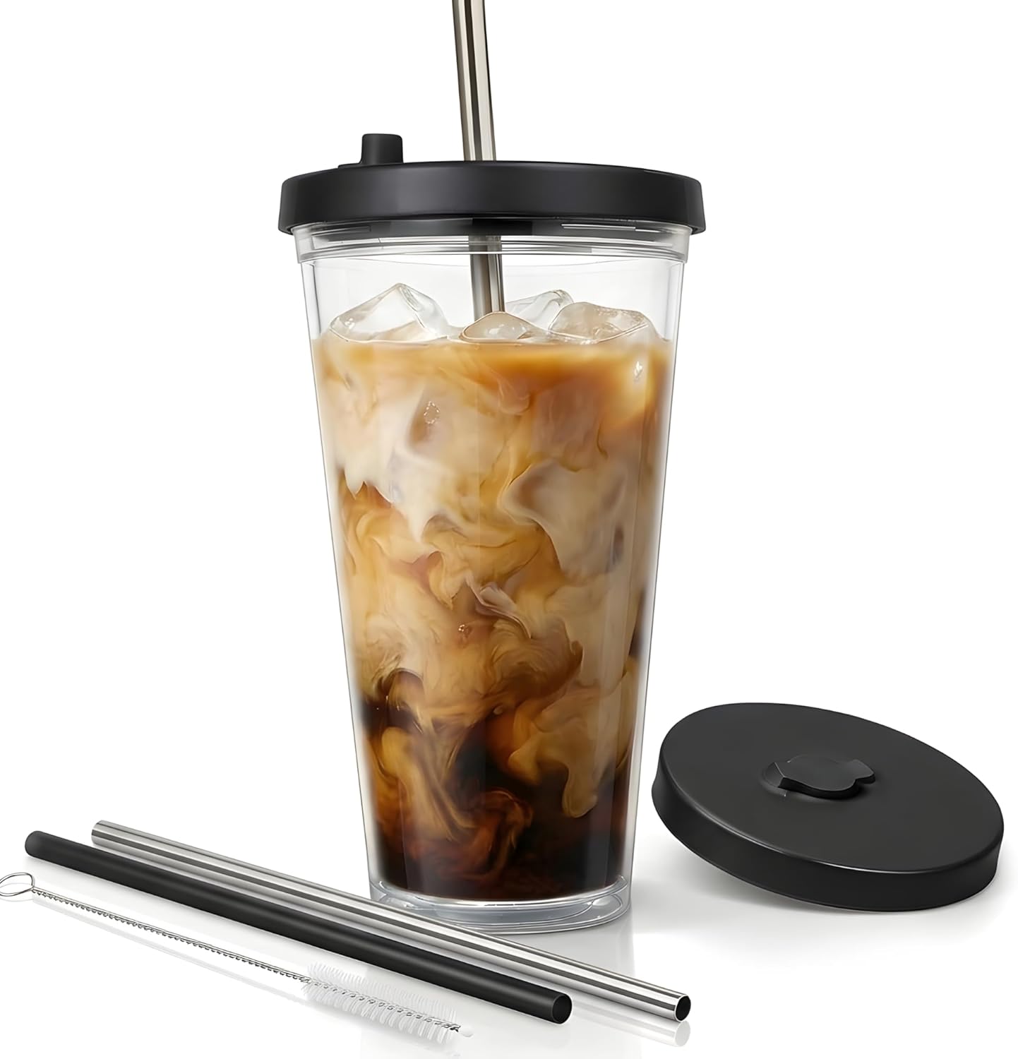 Reusable Iced Coffee Cup with Lid and Straw, 16 oz/Grande, BPA-Free Double-Wall Insulated Plastic Tumbler for Cold Drinks, Includes Clear Plastic Straw, Stainless Steel Straw and Cleaning Brush, White