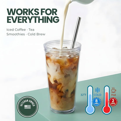 Reusable Iced Coffee Cup with Lid and Straw, 16 oz/Grande, BPA-Free Double-Wall Insulated Plastic Tumbler for Cold Drinks, Includes Clear Plastic Straw, Stainless Steel Straw and Cleaning Brush, White