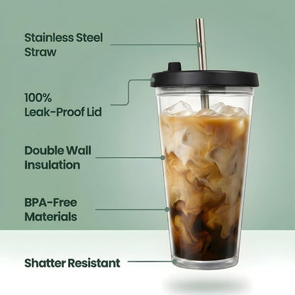 Reusable Iced Coffee Cup with Lid and Straw, 16 oz/Grande, BPA-Free Double-Wall Insulated Plastic Tumbler for Cold Drinks, Includes Clear Plastic Straw, Stainless Steel Straw and Cleaning Brush, White