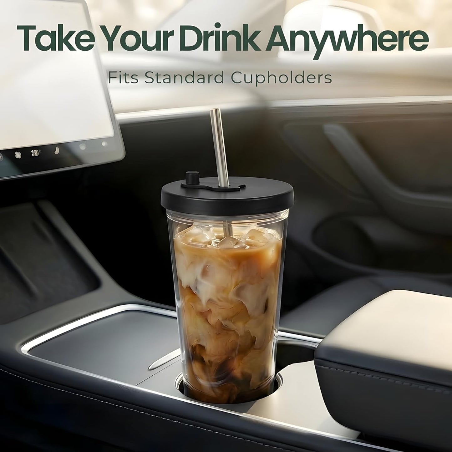 Reusable Iced Coffee Cup with Lid and Straw, 16 oz/Grande, BPA-Free Double-Wall Insulated Plastic Tumbler for Cold Drinks, Includes Clear Plastic Straw, Stainless Steel Straw and Cleaning Brush, White