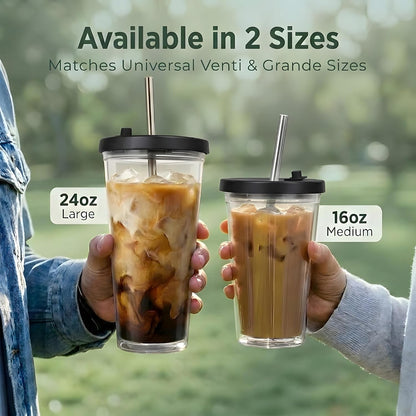 Reusable Iced Coffee Cup with Lid and Straw, 16 oz/Grande, BPA-Free Double-Wall Insulated Plastic Tumbler for Cold Drinks, Includes Clear Plastic Straw, Stainless Steel Straw and Cleaning Brush, White