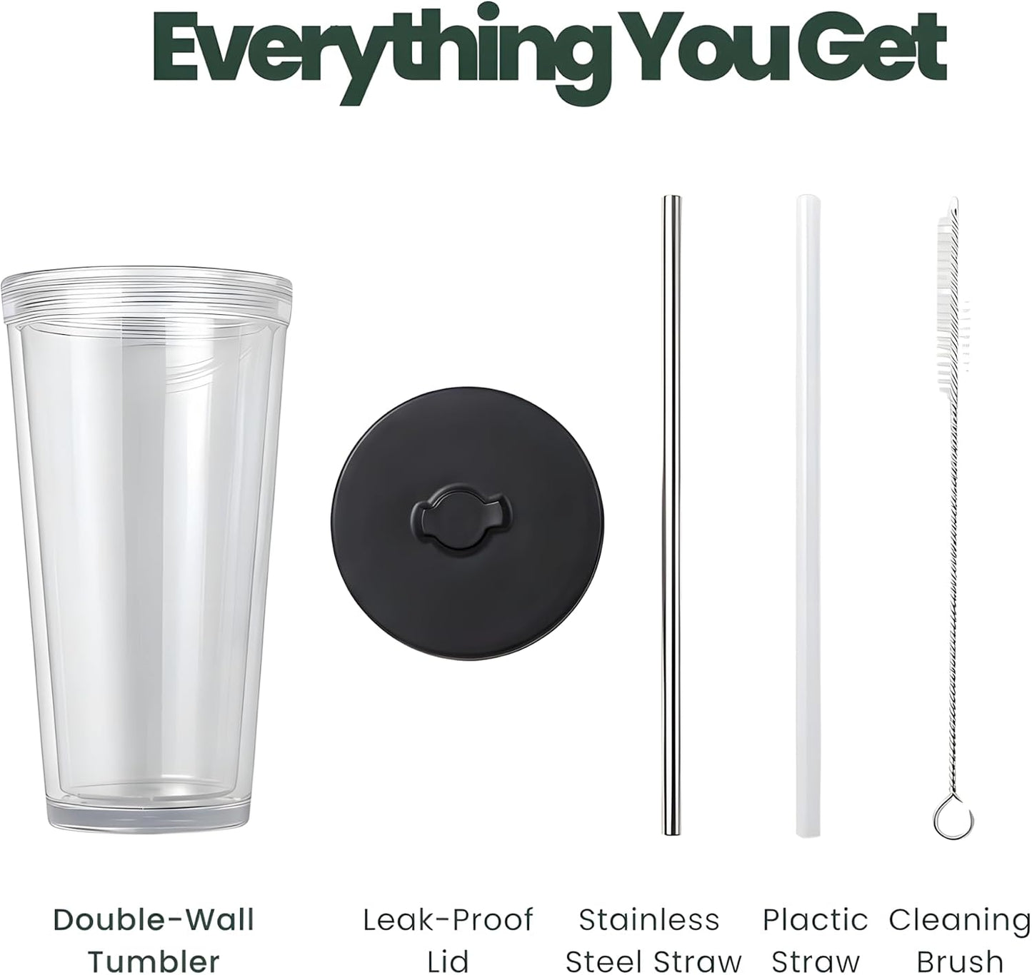 Reusable Iced Coffee Cup with Lid and Straw, 16 oz/Grande, BPA-Free Double-Wall Insulated Plastic Tumbler for Cold Drinks, Includes Clear Plastic Straw, Stainless Steel Straw and Cleaning Brush, White