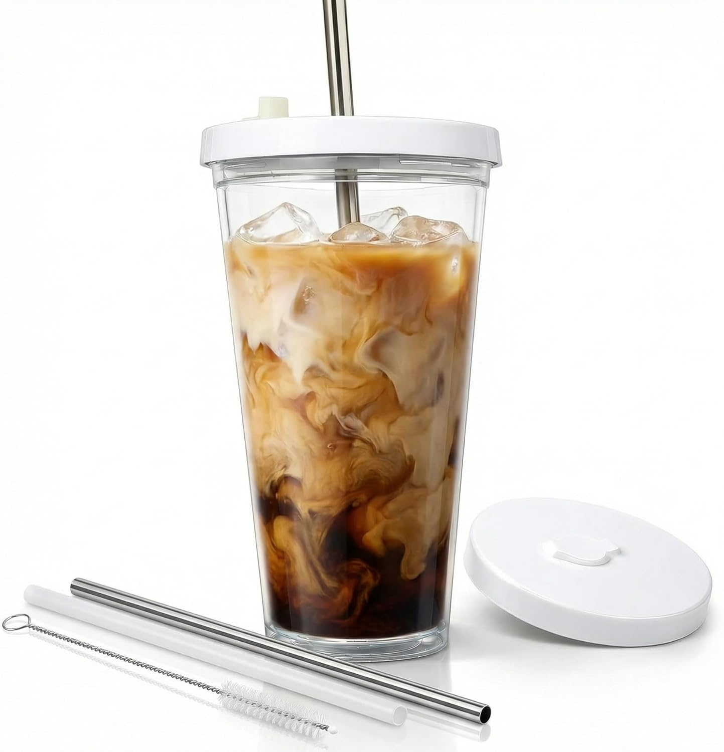 Reusable Iced Coffee Cup with Lid and Straw, 16 oz/Grande, BPA-Free Double-Wall Insulated Plastic Tumbler for Cold Drinks, Includes Clear Plastic Straw, Stainless Steel Straw and Cleaning Brush, White