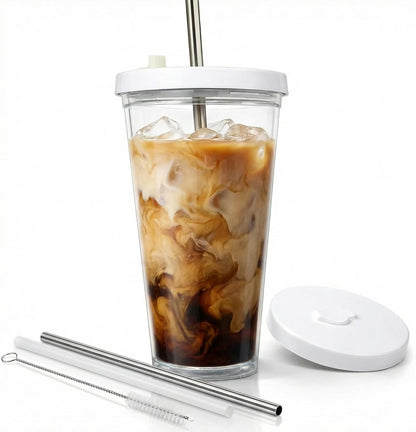 Reusable Iced Coffee Cup with Lid and Straw, 16 oz/Grande, BPA-Free Double-Wall Insulated Plastic Tumbler for Cold Drinks, Includes Clear Plastic Straw, Stainless Steel Straw and Cleaning Brush, White