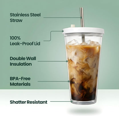 Reusable Iced Coffee Cup with Lid and Straw, 16 oz/Grande, BPA-Free Double-Wall Insulated Plastic Tumbler for Cold Drinks, Includes Clear Plastic Straw, Stainless Steel Straw and Cleaning Brush, White