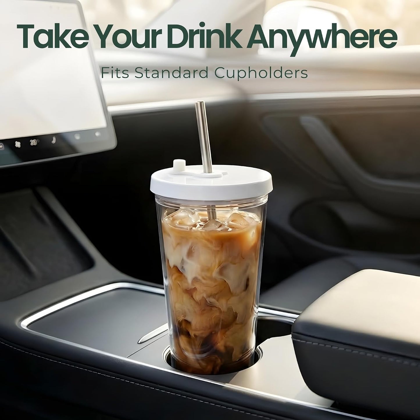 Reusable Iced Coffee Cup with Lid and Straw, 16 oz/Grande, BPA-Free Double-Wall Insulated Plastic Tumbler for Cold Drinks, Includes Clear Plastic Straw, Stainless Steel Straw and Cleaning Brush, White
