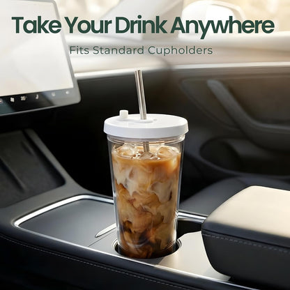 Reusable Iced Coffee Cup with Lid and Straw, 16 oz/Grande, BPA-Free Double-Wall Insulated Plastic Tumbler for Cold Drinks, Includes Clear Plastic Straw, Stainless Steel Straw and Cleaning Brush, White