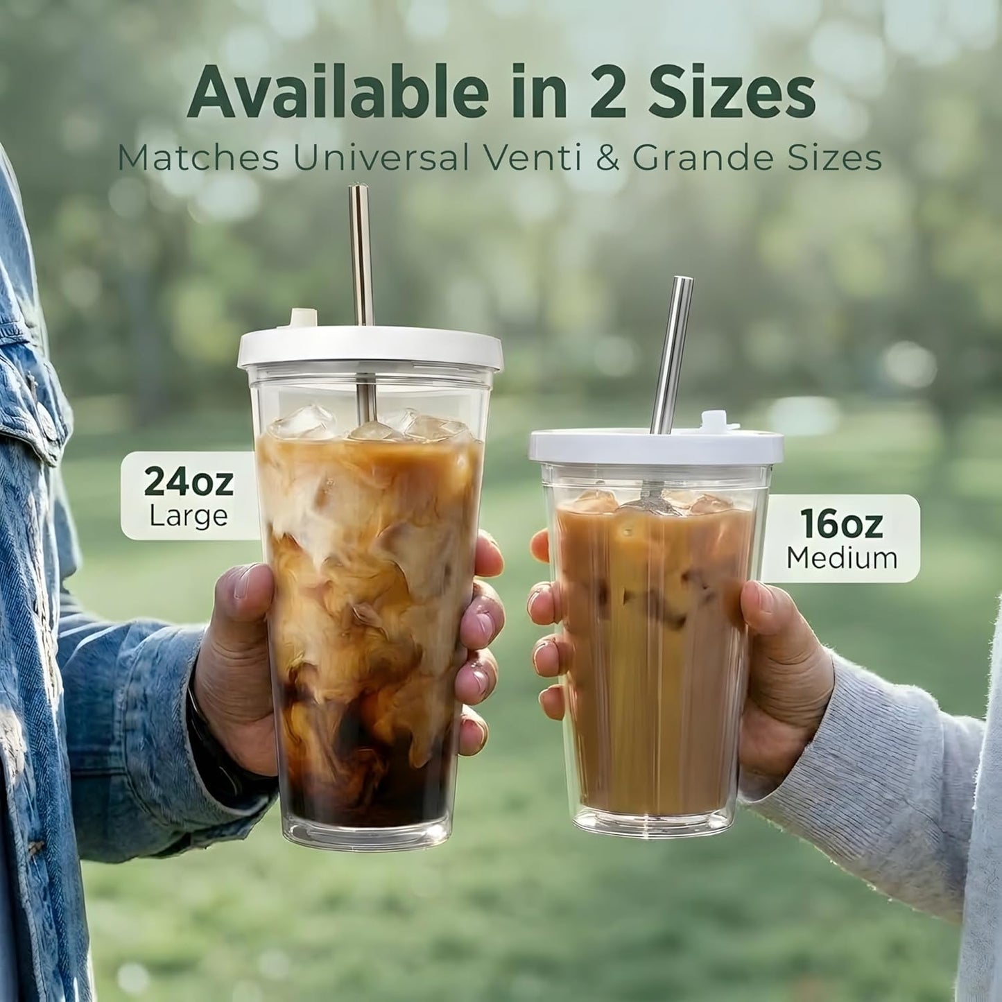 Reusable Iced Coffee Cup with Lid and Straw, 16 oz/Grande, BPA-Free Double-Wall Insulated Plastic Tumbler for Cold Drinks, Includes Clear Plastic Straw, Stainless Steel Straw and Cleaning Brush, White
