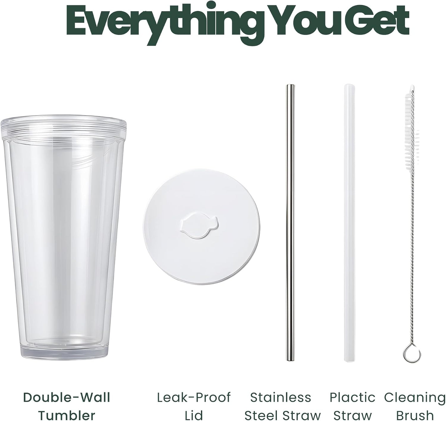 Reusable Iced Coffee Cup with Lid and Straw, 16 oz/Grande, BPA-Free Double-Wall Insulated Plastic Tumbler for Cold Drinks, Includes Clear Plastic Straw, Stainless Steel Straw and Cleaning Brush, White