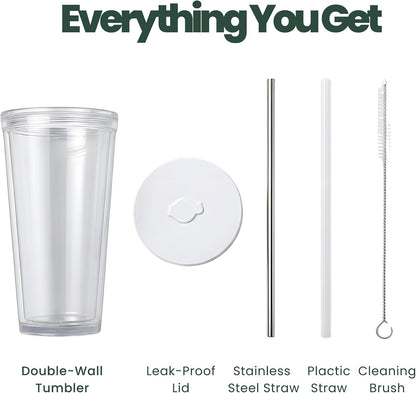 Reusable Iced Coffee Cup with Lid and Straw, 16 oz/Grande, BPA-Free Double-Wall Insulated Plastic Tumbler for Cold Drinks, Includes Clear Plastic Straw, Stainless Steel Straw and Cleaning Brush, White