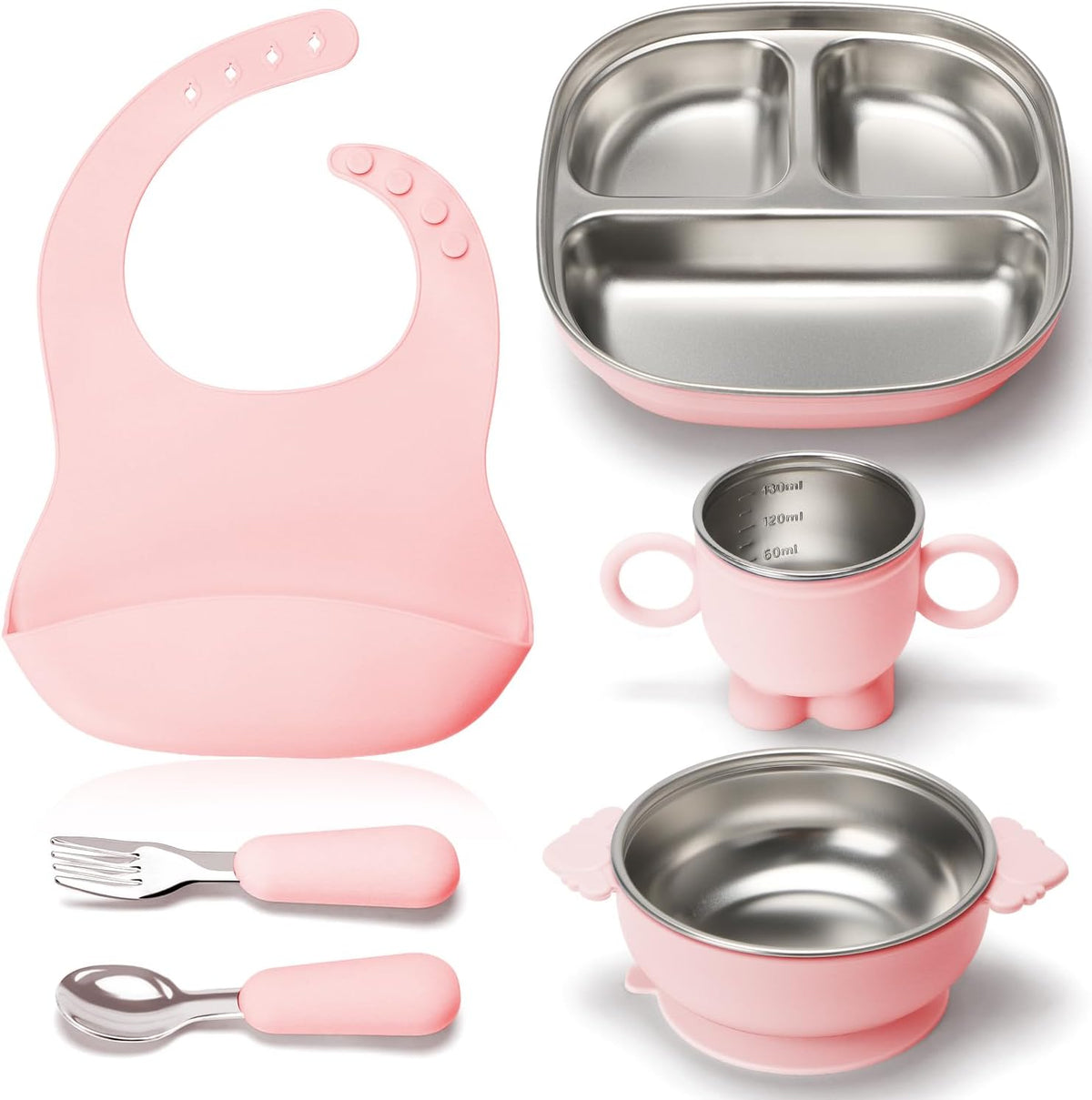 Silicone feeding kit, stainless steel dish, BPA-free, includes suction bowl, divider plate, spoon, fork, water cup and bib, suitable for self-feeding, and utensils (Pink)
