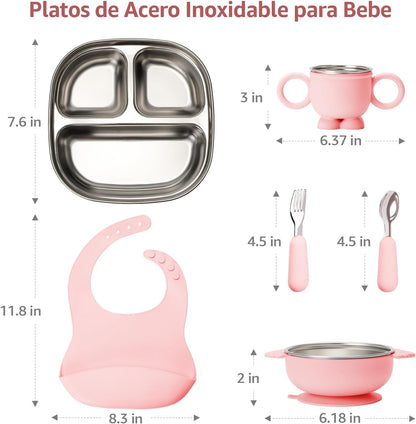 Silicone feeding kit, stainless steel dish, BPA-free, includes suction bowl, divider plate, spoon, fork, water cup and bib, suitable for self-feeding, and utensils (Pink)