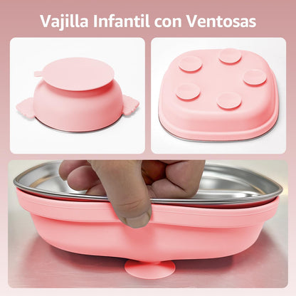 Silicone feeding kit, stainless steel dish, BPA-free, includes suction bowl, divider plate, spoon, fork, water cup and bib, suitable for self-feeding, and utensils (Pink)