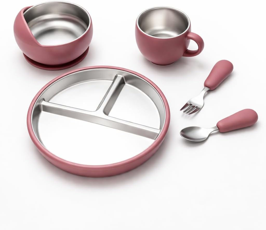Children's Silicone Dinnerware Set – Baby Feeding Set with Divided Plate, Bowl, Cup, Fork & Spoon (Pink)