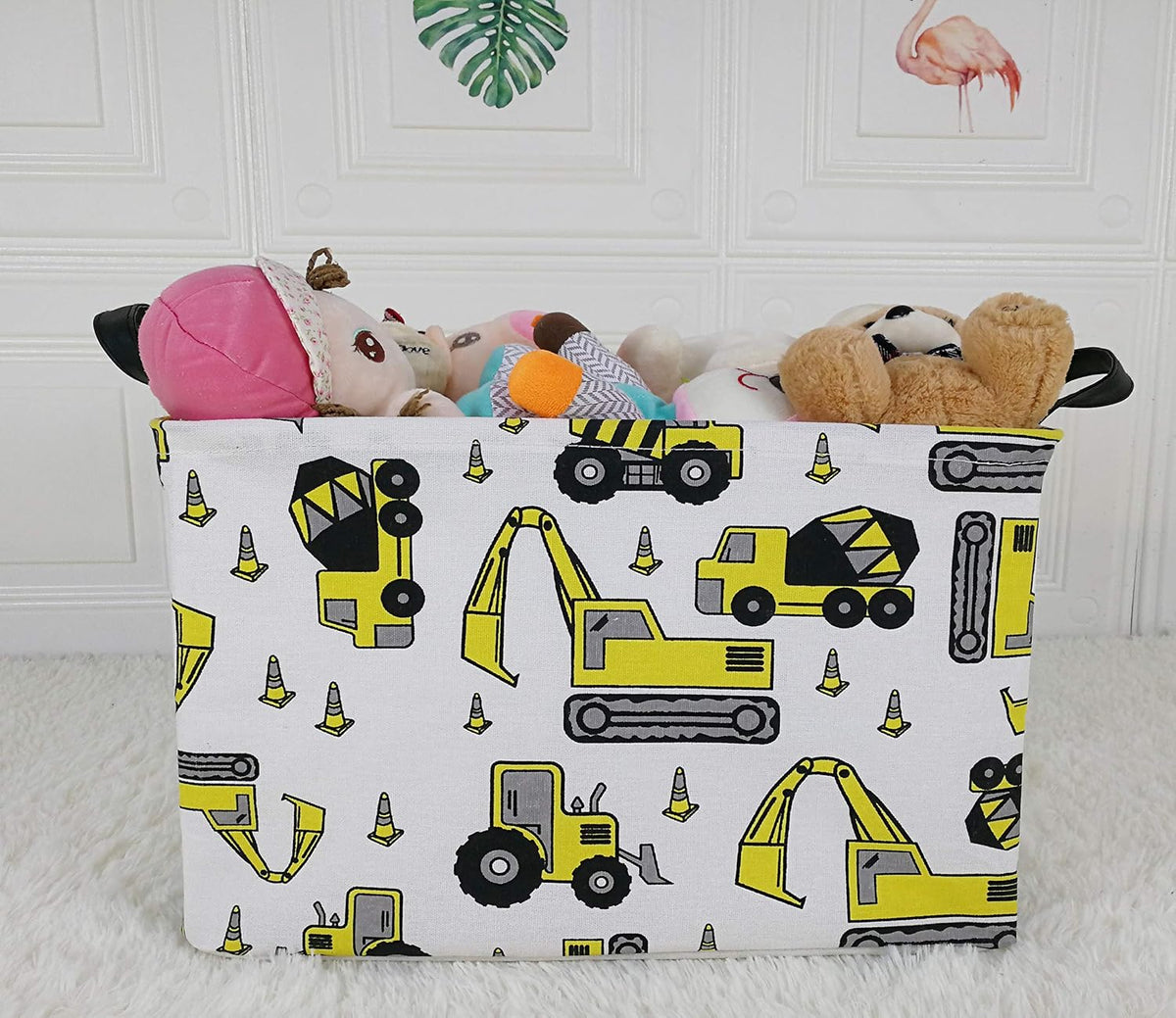 Square Storage Basket Gift Shelf Basket Storage Bin, Nursery Basket Organizer Box for With Handles for Room Deco (Excavator)