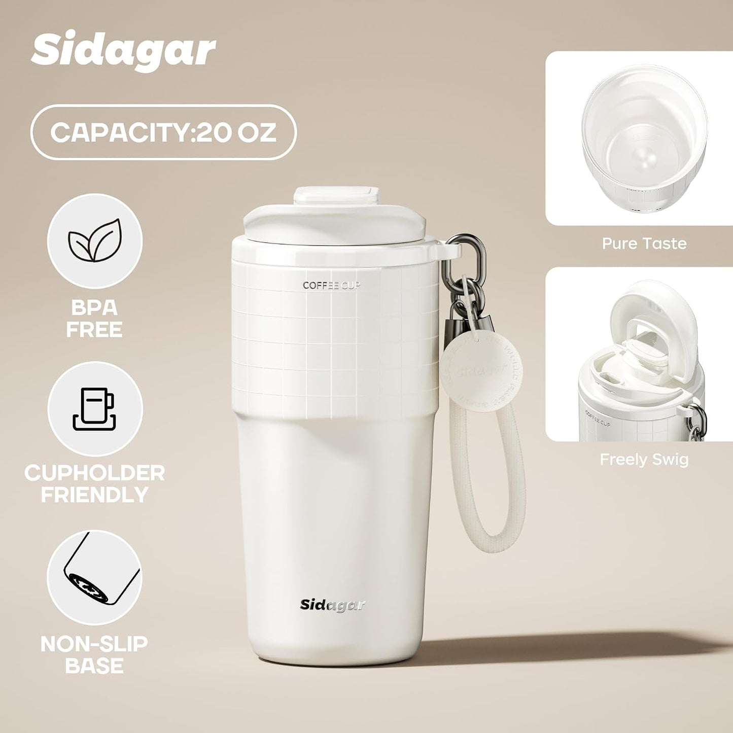 20 oz Insulated Coffee Tumbler, Stainless Steel Travel Coffee Mug with Flip Lid, Leak-Resistant Reusable Coffee Cup for Men, Office, Home & Commute, BPA-Free, White
