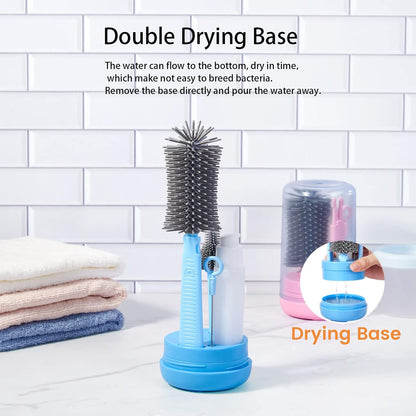 Pink Silicone Baby Bottle Cleaner Kit - Bottle Brush Set, Drying Rack, Nipple & Straw Brushes, Soap Dispenser - Travel & Home Use