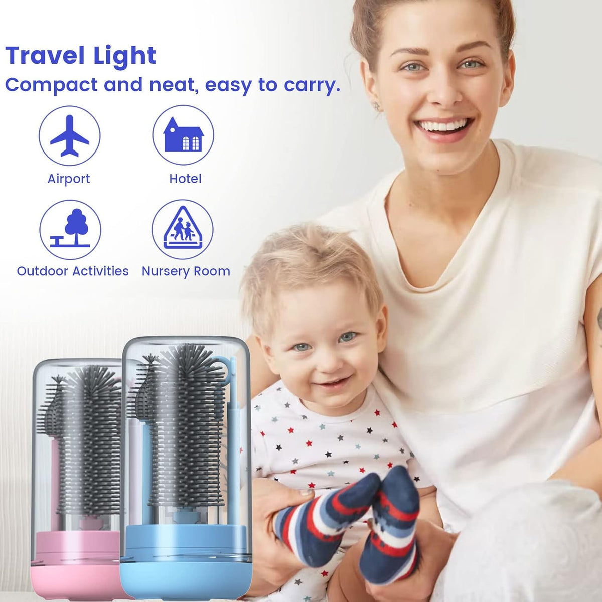 Pink Silicone Baby Bottle Cleaner Kit - Bottle Brush Set, Drying Rack, Nipple & Straw Brushes, Soap Dispenser - Travel & Home Use