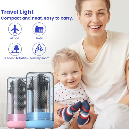 Pink Silicone Baby Bottle Cleaner Kit - Bottle Brush Set, Drying Rack, Nipple & Straw Brushes, Soap Dispenser - Travel & Home Use