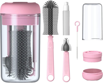Pink Silicone Baby Bottle Cleaner Kit - Bottle Brush Set, Drying Rack, Nipple & Straw Brushes, Soap Dispenser - Travel & Home Use