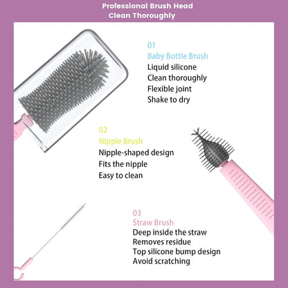 Pink Silicone Baby Bottle Cleaner Kit - Bottle Brush Set, Drying Rack, Nipple & Straw Brushes, Soap Dispenser - Travel & Home Use