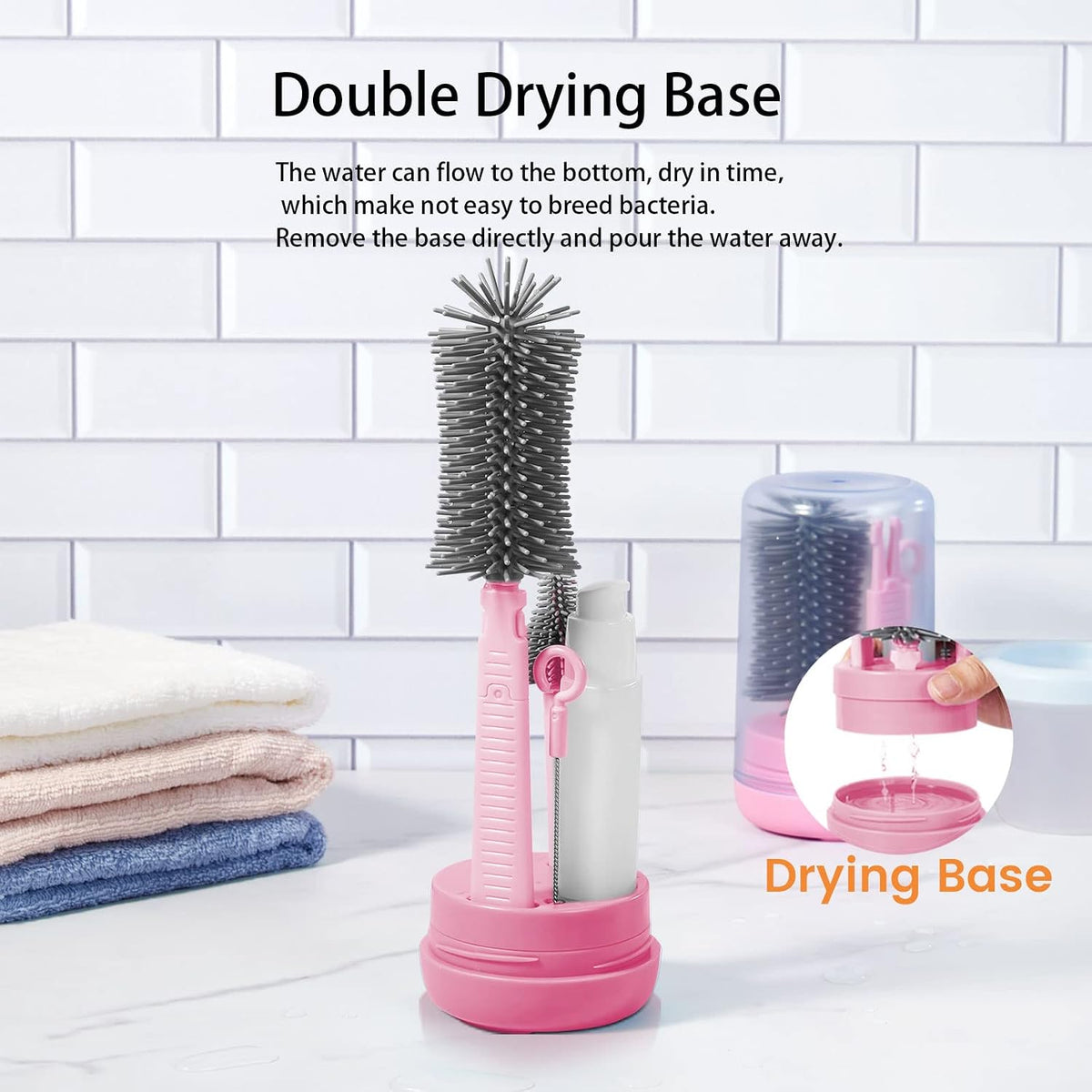 Pink Silicone Baby Bottle Cleaner Kit - Bottle Brush Set, Drying Rack, Nipple & Straw Brushes, Soap Dispenser - Travel & Home Use