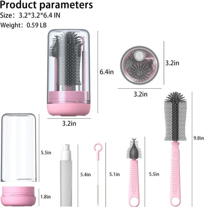 Pink Silicone Baby Bottle Cleaner Kit - Bottle Brush Set, Drying Rack, Nipple & Straw Brushes, Soap Dispenser - Travel & Home Use