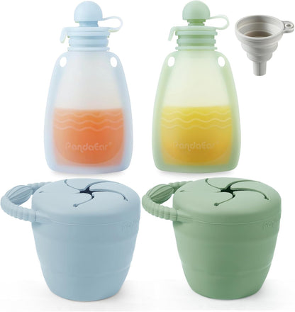 2 Pack Baby Food Pouches & 2 Pack Snack Containers, Reusable Silicone Squeeze Pouches & Collapsible Toddler Snack Cups for Toddler Kids -Blue&Green