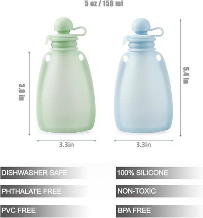 2 Pack Baby Food Pouches & 2 Pack Snack Containers, Reusable Silicone Squeeze Pouches & Collapsible Toddler Snack Cups for Toddler Kids -Blue&Green