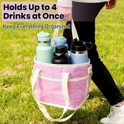 4 Cups Drink Carrier Bag,Family-Size Multiple Drink Holder Bag | with Adjustable Strap & Front Pocket,Spill-Resistant for Car Storage,Coffee Delivery,Travel & Outings (Pink)